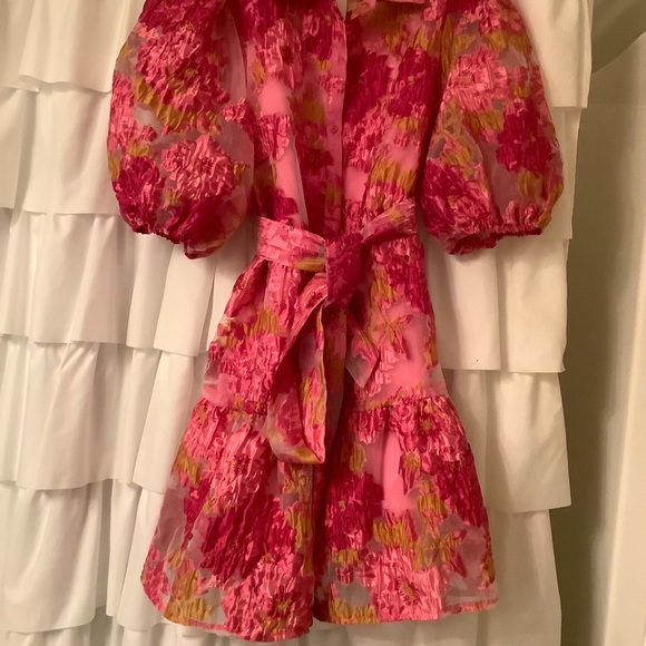 YH & CO PINK FLORAL MINI DRESS WITH PUFFY SLEEVES. SIZE 14/XL - Picture 9 of 16